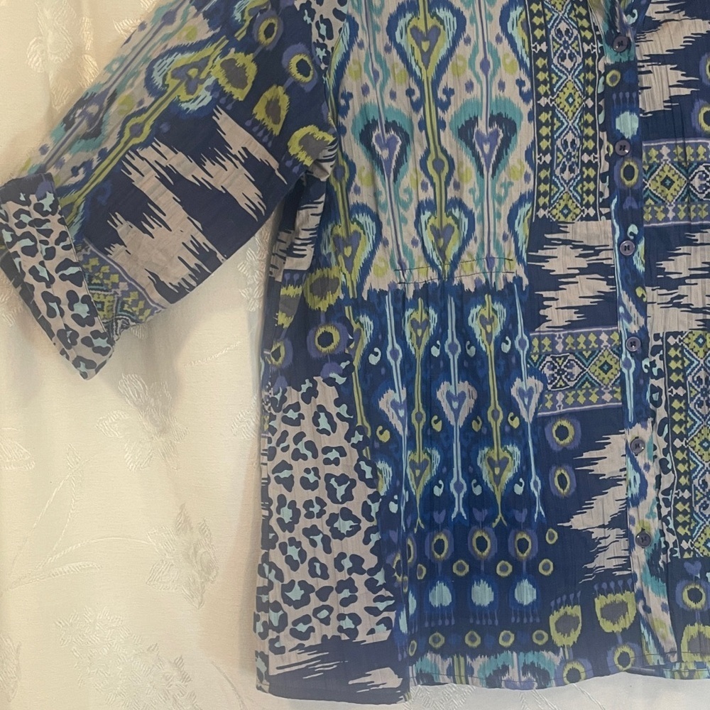 LEMON GRASS WOMAN 2X Blue and Green Button Down Blouse Preworn Great Condition - Picture 9 of 15